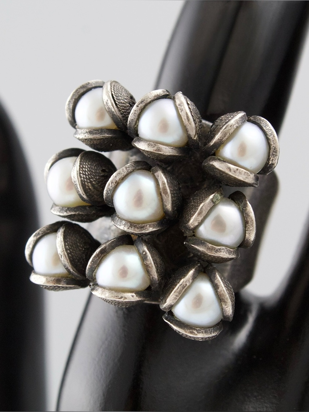 Vintage Modernist Pearl Cluster Sterling Silver Ring Size 7 Artisan Handcrafted